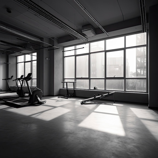 A gym with a window that has the sun shining on it.