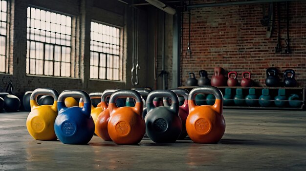 Photo a gym with a yellow and green dumbbell and a towel on the floor