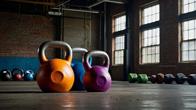 Photo a gym with a yellow and green dumbbell and a towel on the floor