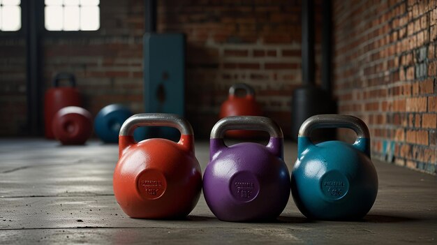 Photo a gym with a yellow and green dumbbell and a towel on the floor