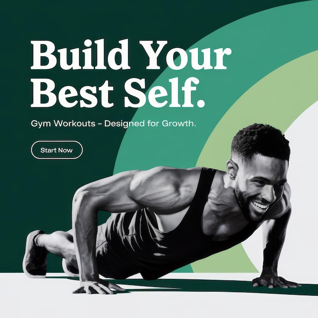 Gym workout promotion social media design with powerful and effective training