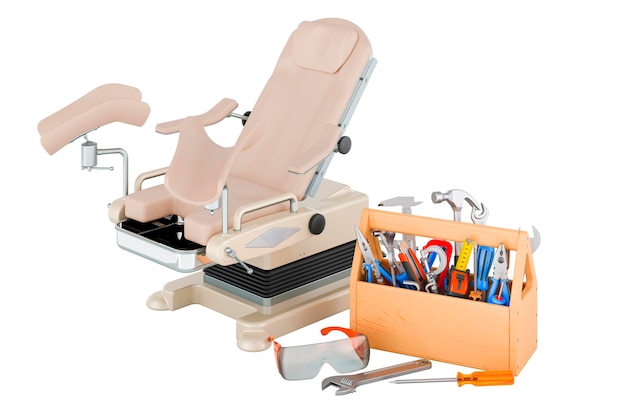 Gynecological examination chair with toolbox Service and repair of gynecological examination chair 3D rendering