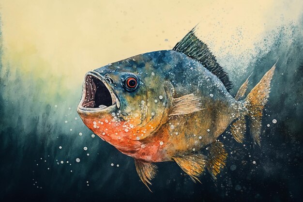 gyotaku piranha watercolour painting