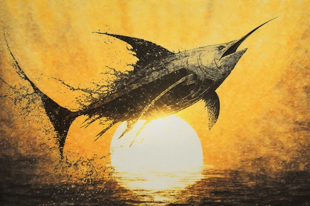 Gyotaku swordfish leaping in front of the sun