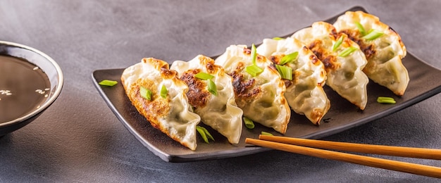 Gyoza or dumplings snack with soy sauce