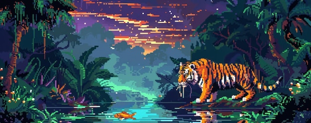 Gyoza feast in a steampunk setting Bengal tiger in pixel art style