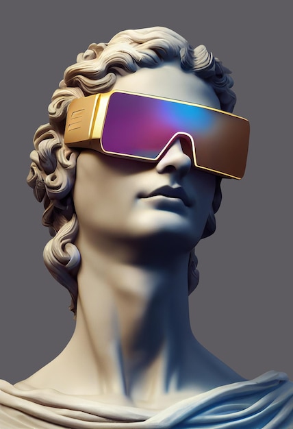 Gypsum ancient statue of David with modern VR glasses