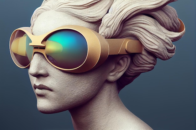 Gypsum ancient statue with VR glasses, futuristic, side portrait, VR Glasses, illustration