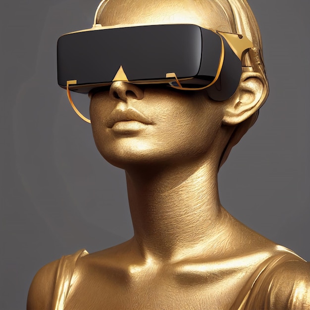 Gypsum ancient statue with VR glasses, futuristic, side portrait, VR Glasses, illustration