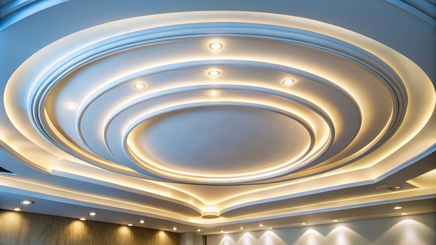 Photo gypsum curved ceiling with led ceiling lights circle ceiling cove light design decoration recessed ceiling luminaires copy space selective focus