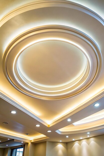 Photo gypsum curved ceiling with led ceiling lights circle ceiling cove light design decoration recessed ceiling luminaires copy space selective focus