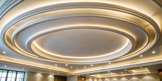 Photo gypsum curved ceiling with led ceiling lights circle ceiling cove light design decoration recessed ceiling luminaires copy space selective focus