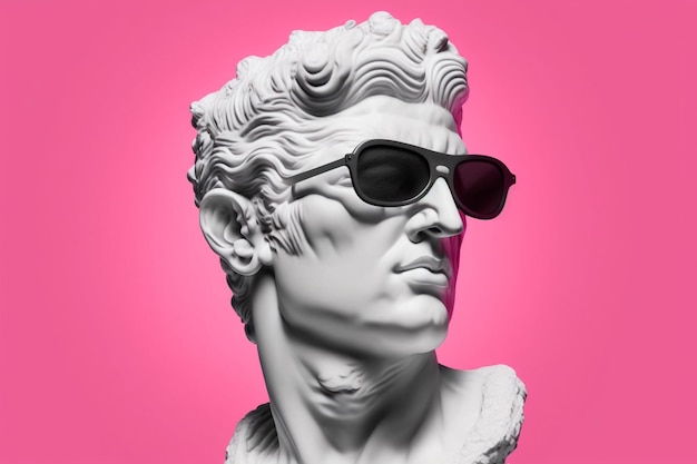 Gypsum statue head in sunglasses on a pink background illustration