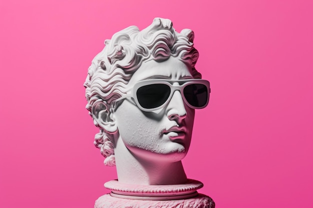 Gypsum statue head in sunglasses on a pink background illustration