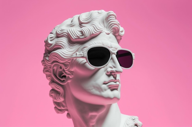 Gypsum statue head in sunglasses on a pink background illustration