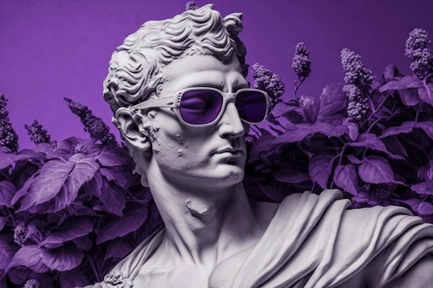 Gypsum statue head in sunglasses on a purple background illustration