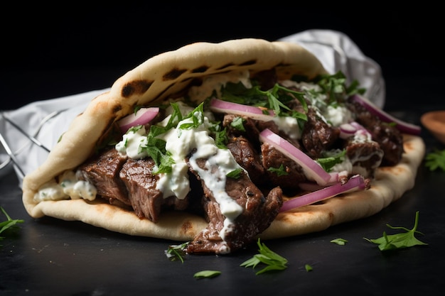 Photo gyro with a drizzle of grape seed oil yummy delicious traditional dish gyro food photography