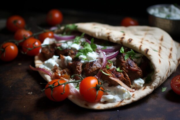 Photo gyro with roasted cherry tomatoes yummy delicious traditional dish gyro food photography