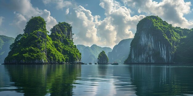 Ha Long Bay Halong bay World Heritage Site limestone islands emerald waters with boats in Vietnam