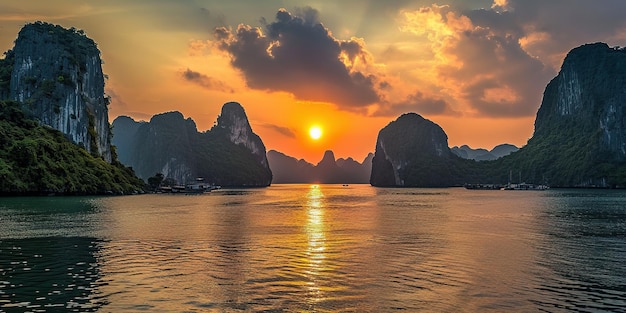 Ha Long Bay Halong bay World Heritage Site limestone islands emerald waters with boats in Vietnam