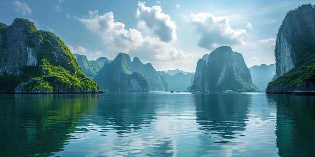 Ha Long Bay Halong bay World Heritage Site limestone islands emerald waters with boats in Vietnam