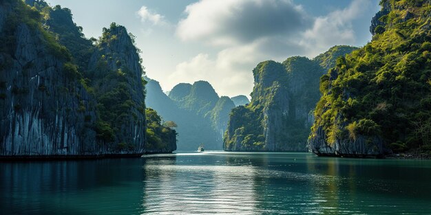 Ha Long Bay Halong bay World Heritage Site limestone islands emerald waters with boats in Vietnam