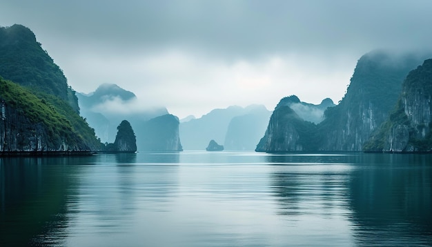 Ha Long Bay Halong bay World Heritage Site limestone islands emerald waters with boats in Vietnam