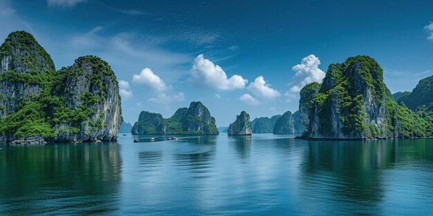 Ha Long Bay Halong bay World Heritage Site limestone islands emerald waters with boats in Vietnam