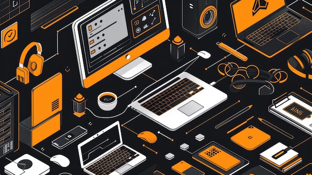 A hackathon illustration with orange accents ar 169 style raw stylize 250 Job ID 101a776ea1194975a117ffd555f88bf1