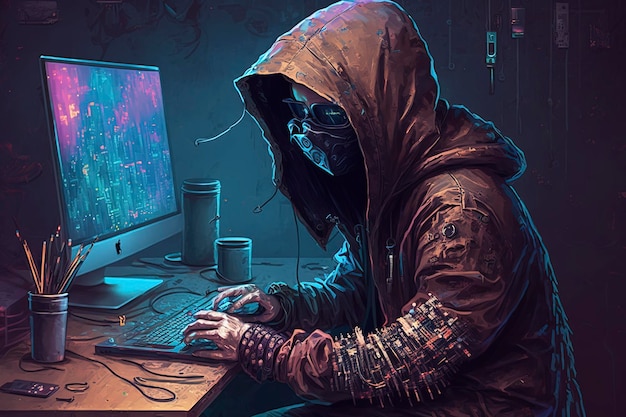 hacker cyberpunk computer room cybercrime code, creative ai