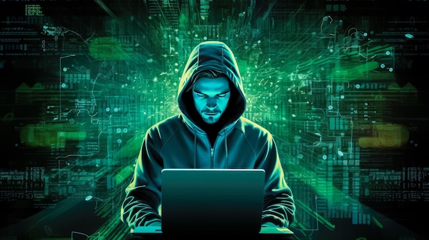 Hacker in a dark blue hoodie with a laptop on a dark background