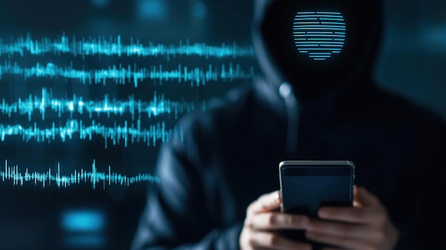 Photo hacker in a dark hood using a smartphone with sound wave graphic cybersecurity concept ai generated