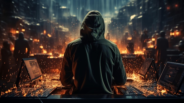 hacker in a dark hoodie typing furiously at a keyboard surrounded by lines of code and glowing