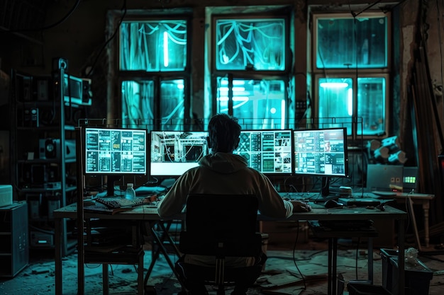 Photo hacker in a dark industrial room lit only by the glow of his 5 monitors ar 32 style raw job id 37d57f1fe85f44428b6443ad3e0603ae