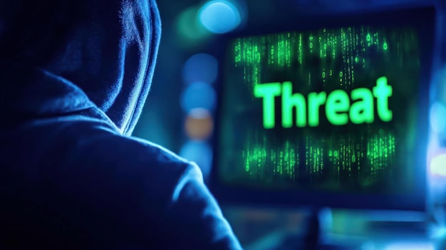 Photo hacker in a dark room with a hood the word threat in the green code on the screen