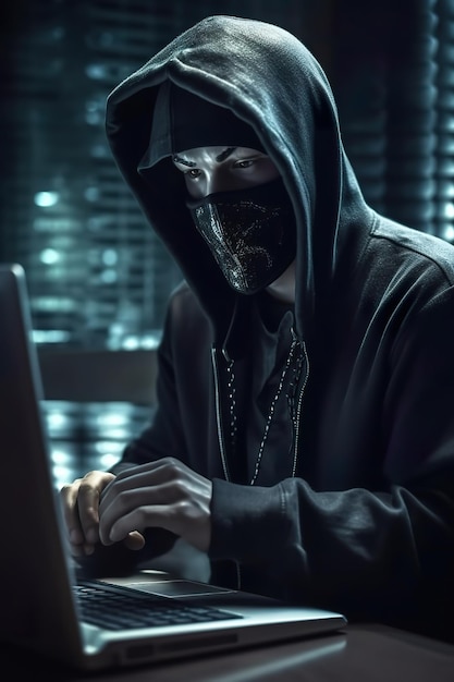 Hacker in a dark room with a mask on his face