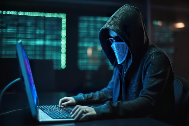 Hacker in a dark room with a mask on his face