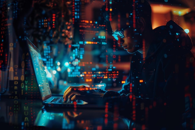 Hacker in a Dark Room Working on a Laptop at Night