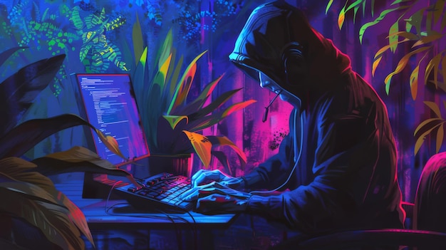 Hacker in hood hacking at computer in dark room Computer criminal uses malware to hack devices