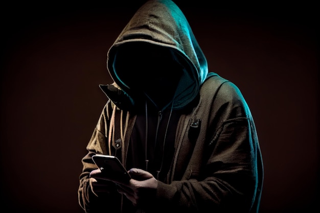 Hacker in a hood holds a phone in his hand Generative AI