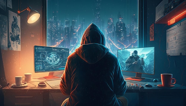 A hacker in a hood sits in front of a computer monitor The concept of cybercrime Generative AI