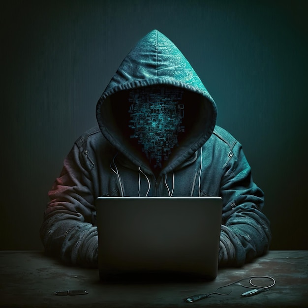 Hacker in hood using internet to hack computer server Blue glow light Ai generated