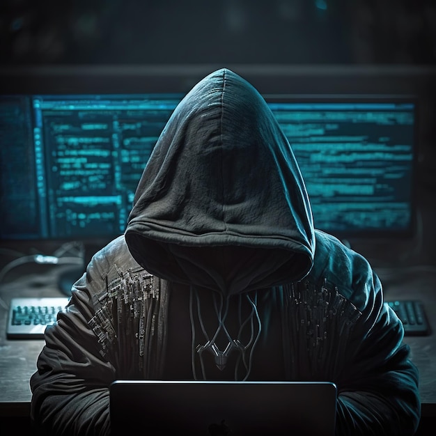 Hacker in hood using internet to hack computer server Blue glow light Ai generated