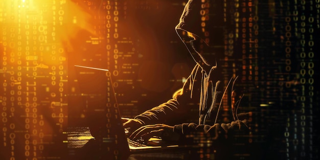 Hacker in hood working on laptop with binary code and dark background