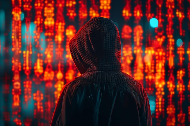 Hacker in hoodie standing in front of binary code