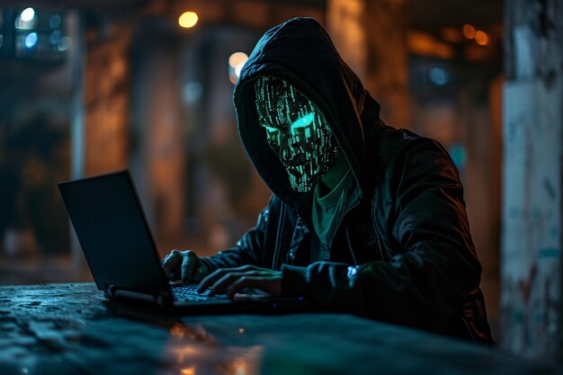 Photo hacker in a hoodie using a laptop