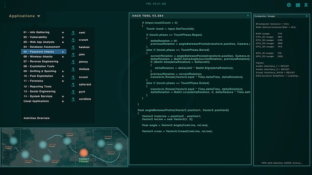 Hacker screen with multiple windows displaying code strings and trying to hack into servers. Cyber attack and crime