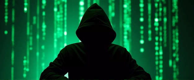 Hacker Silhouette in Front of Code shadowy figure in a hoodie sitting at a computer