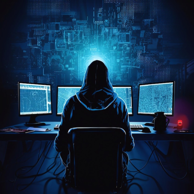 hacker sitting at the computer cyber security and antispyware concept AI generated