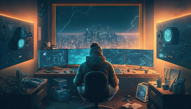 A hacker sitting in front of a computer monitor with a glowing city in the background Generative AI